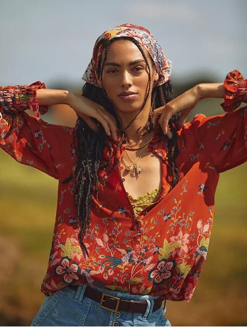 Anthropologie Rust Floral Ruffled-Neck Long Sleeve Blouse Size M